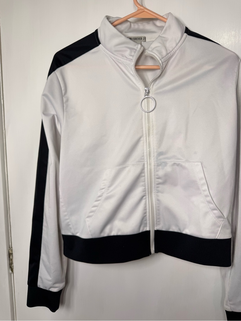 Forever 21 White and Black Cropped Track Bomber Jacket